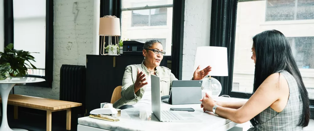 Female financial advisor in discussion with mature female business owner at desk in office