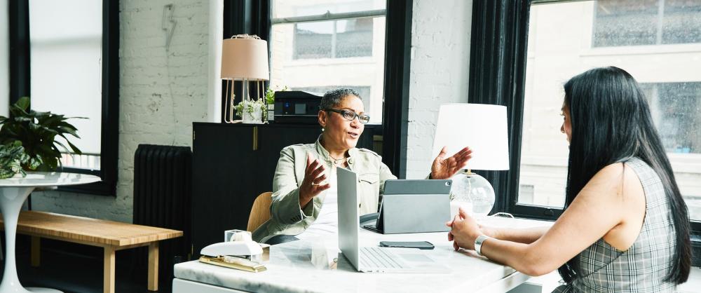 Female financial advisor in discussion with mature female business owner at desk in office