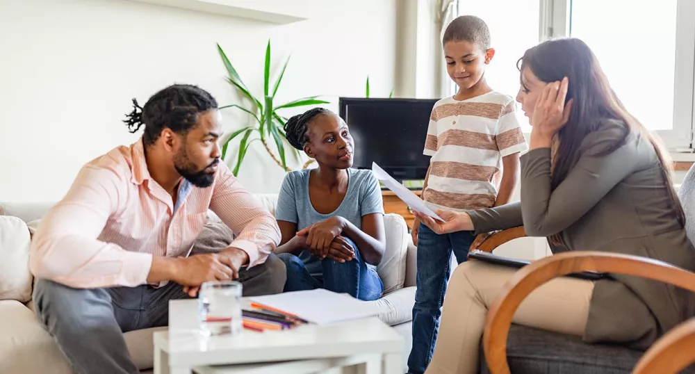 A family talking around a table