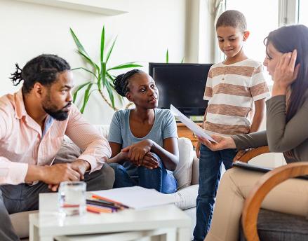 A family talking around a table